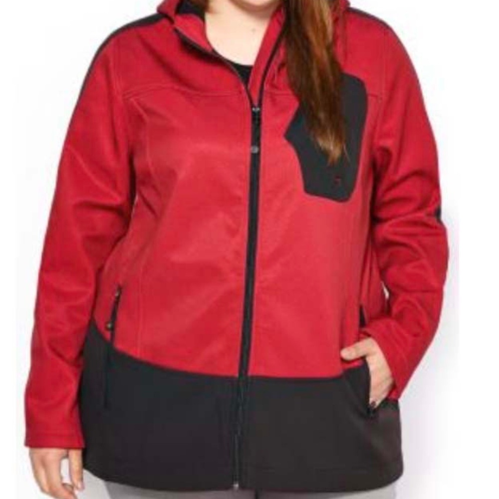 JACKET, COLOUR BLOCK, CERISE & BLACK, SIZE 5X, FRONT ZIP, HOOD, ZIP POCKETS,